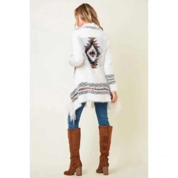 White Fuzzy Eyelash Western Boho Fringe Rainbow Aztec Pattern Open Knit Cardigan - Picture 2 of 5